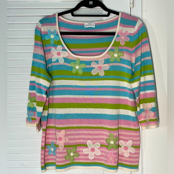 Silk top, floral, striped, turquoise, pink, green, white, Elegance, NWOT, L - Picture 1 of 4